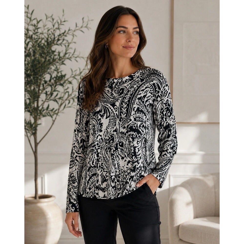 Lauren Ralph Lauren Paisley Print Knit Top Women’s L Black White Long Sleeve